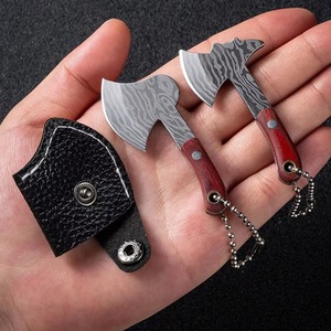 <b>Custom</b> Mini Damascus Steel Axe <b>Keychain</b> with Wooden Handle and Leather Sheath - Product Image 6