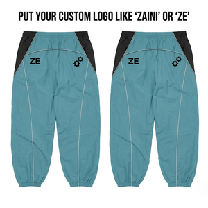 Women Windbreaker <b>Pant</b> Premium 100% Polyester 120 GSM Turquoise Blue Black Panel Design <b>White</b> Piping Custom Screen Print Logo - Product Image 1