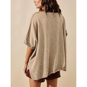 T-shirt unisexe surdimensionné à col rond, manches courtes, couleur unie, tricoté, coupe ample, écologique, 180g, rose, toutes saisons, vêtements décontractés, 100% coton - Product Image 3