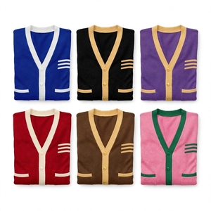 Cardigan en tricot bleu personnalisé pour femmes, col en V, style preppy, couleur contrastée, boutonné - Product Image 6
