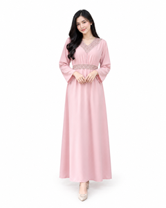 Robe Abaya élégante pour femmes à manches longues, broderie, col en V, tissu Abaya Caftan, robe de soirée décontractée, couleur rose unie - Product Image 3