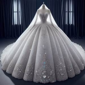 Vestido de Novia Clásico Vintage de Gasa con Escote Corazón, Manga Larga, Largo hasta el Suelo, con Cuentas, Cola Catedral y Corte Imperio - Product Image 1