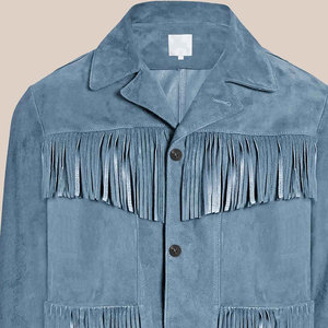 Men's Blue <b>Suede</b> <b>Leather</b> <b>Jacket</b> With Fringe Tassel Western Style Casual Outerwear Turn-down Collar Regular Fit Winter Wear - Product Image 3