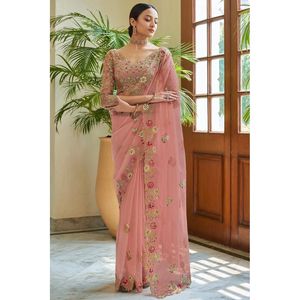 BORDADO CORTE TRABAJO BORDER GEORGETTE SAREE CON SATIN BANGLORY BLUSA PEACH - Product Image 1