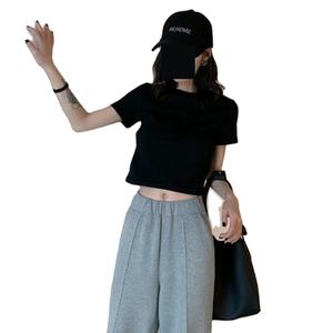 T-shirts pour femmes en gros, t-shirts à col rond pour femmes, hauts courts à manches courtes, couleur unie, coton teint, t-shirts à col rond - Product Image 2