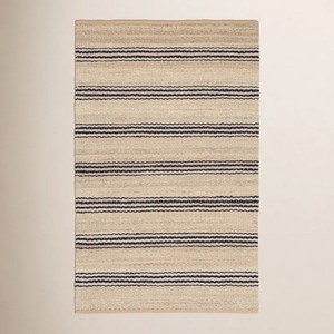 Tapis d'intérieur en jute naturel rayé, tissage plat, style oriental, rectangulaire, pour salon, à poils ras, avec accents bleus, écologique, idéal pour l'exercice - Product Image 2