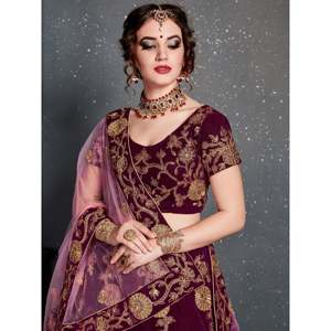 Purple Embroidered Velvet <b>Wedding</b> Lehenga Choli for Bride with Pearls and Sweetheart Neckline - Product Image 4