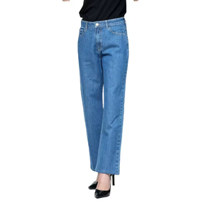 Jeans clásicos azules de pierna ancha para mujer, de cintura alta, de mezclilla de algodón, con cinco bolsillos, cómodos, suaves al tacto, pantalones de estilo relajado. - Product Image 3