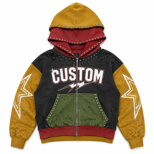 Sweat à capuche unisexe personnalisé épais à double capuche avec clous et imprimé étoiles déchirées, style Y2K vintage, color block, zippé, OEM ODM - Product Image 1