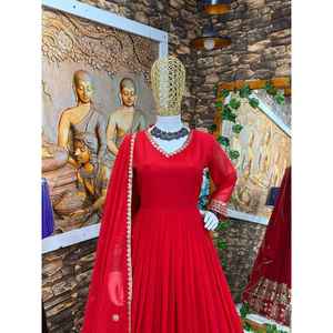 DISEÑADOR GEORGETTE BORDADO BOREDR BATA DE TRABAJO FONDO CON DUPATTA ROJO - Product Image 3