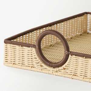 Plateau rectangulaire en osier fait main avec poignées rondes en rotin, panier de service et de présentation tressé naturel pour cuisine, table à manger - Product Image 6