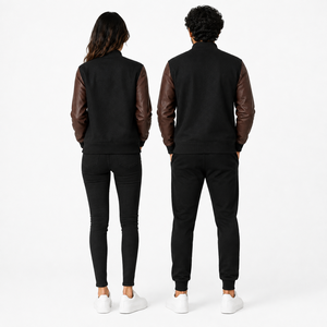 Veste universitaire unisexe noire avec manches en cuir PU marron, coupe classique, col rabattu, fermeture boutonnée, vêtement décontracté pour l'automne - Product Image 2
