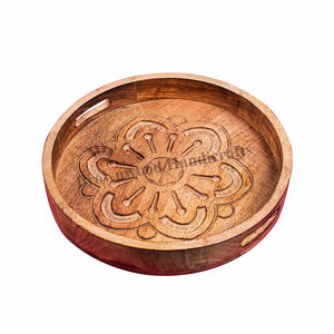 <b>Hand</b> Carved Round Wooden Tray Mango Wood Serving Tray with Handles Indian Manufacturer Hotels Restaurant and Home Use Decor Tray - Product Image 4
