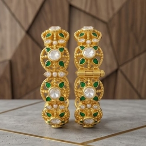 Traditional Ethnic Designer 925 Silver Monzo Bangles Green Stone Crystal Designer <b>Kada</b> Set for Women Wedding Jewelry - Product Image 3