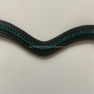 Wave Shape Black Genuine Leather Horse Brow <b>Band</b> Durable Stitching with Green Pearls Bling Chain & <b>Snap</b> Buttons for Loop Closure - Product Image 5