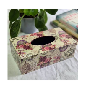 Boîte à mouchoirs en bois à motif floral vintage, couvercle décoratif en papier artisanal pour la maison et le bureau - Product Image 1