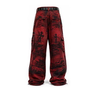 Pantalones Cargo Anchos Rojos para Hombre HULAR INTERNATIONAL, Estilo Gótico Punk con Cadena, Estampado Recto, 100% Algodón - Product Image 2