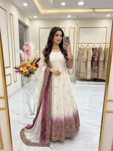 White Embroidered Anarkali <b>Suit</b> <b>Women</b> Floor-Length Traditional Indian Pakistani <b>Wedding</b> Dress with Dupatta Regular Fit - Product Image 3