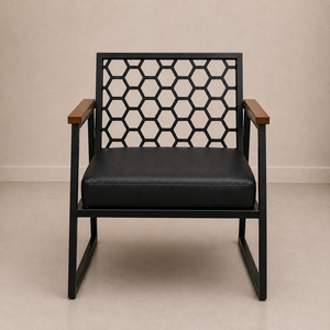 Fauteuil moderne en métal avec dossier en nid d'abeille, accoudoirs en bois et siège rembourré pour salon, bureau ou salle de séjour - Product Image 4