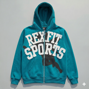 เสื้อฮู้ดดี้ซิปสีแดงทรงโอเวอร์ไซส์ รุ่น Rexfit ผ้าคอตตอน 100% ปักลายแบบดิสเทรส สไตล์สตรีทแวร์สำหรับผู้ชาย - Product Image 3