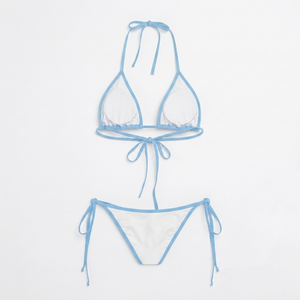 Women <b>Bikini</b> <b>Set</b> 220 GSM Premium 100% Polyester <b>White</b> Blue Contrast Binding Triangle <b>Bikini</b> Custom Embroidery Logo OEM ZAINI - Product Image 2
