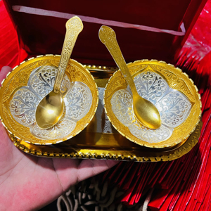 Ensemble de bols en laiton plaqué or et argent KAKA ENTERPRISES, 2 cuillères |   Boîte cadeau en velours royal de conception allemande moderne, faite à la main et légère - Product Image 1