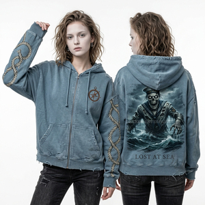 Sudadera con capucha azul vintage para mujer, con cremallera, estampado personalizado en las mangas con temática náutica, gráfico de zombis marinos, lavado ácido, ropa de calle, prenda exterior - Product Image 1