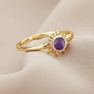 Handmade Amethyst Gemstone Sunburst <b>Rings</b> - Gold Plated <b>Adjustable</b> 6 MM Stone <b>Ring</b> for Women Jewelry - Product Image 2