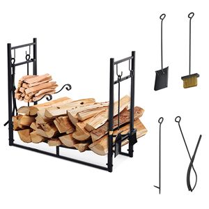 Porta Legna Nero con Attrezzi per Caminetto, Supporto per Legna da Interno ed Esterno, Include Paletta, Pinze, Scopa e Pala per Donne - Product Image 1