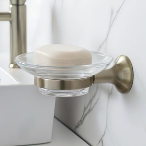 Porte-savon et plateau en verre chromé et laiton avec plusieurs options de finition, style moderne minimaliste, fixation murale pour salle de bain - Product Image 1