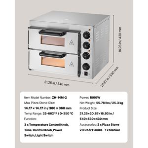 Forno Elettrico Commerciale a Doppio Strato da 14 Pollici in Acciaio Inossidabile per Pizza, da Banco, con Maniglia in Pietra Multiuso per Tostare e Cuocere - Product Image 4