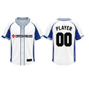 Camiseta de Béisbol Catch Fields Blanca y Azul de Manga Corta, Transpirable, de Poliéster, Unisex, para Adultos, con Logotipo Serigrafiado en la Parte Delantera - Product Image 1