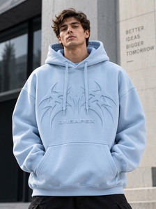 เสื้อฮู้ดดี้ผู้ชาย ONEAPEX สีฟ้าอ่อน ลายนูน ทรงโอเวอร์ไซส์ สไตล์สตรีทแวร์ ผ้าคอตตอนหนานุ่ม สวมใส่สบาย - Product Image 5