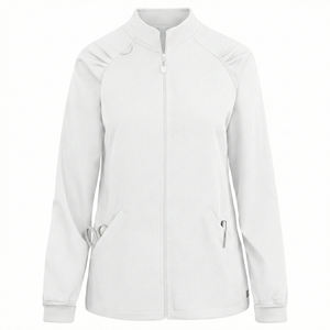 Chaqueta de uniforme médico personalizada OEM para mujer, con cremallera completa, corte ajustado, manga larga, hombros plisados y bolsillos angulares - Product Image 2