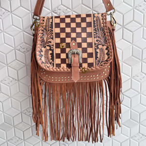 Women's Fringe Handbag Hand Tooled Carving Leather <b>Bag</b> Gypsy <b>Boho</b> Checkers Handmade Real Leather Western Multi Uses <b>Bag</b> - Product Image 1