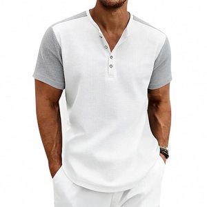 Bangladesh CN Factory Price Men's Plus Size Waffle Henley <b>T</b> <b>Shirt</b> Short Sleeve Contrast Breathable Knitted Summer Tee Casual - Product Image 3