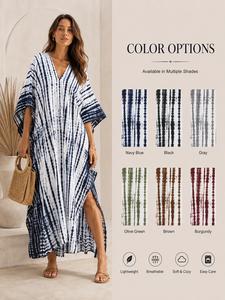 Vestido Maxi Kaftán Azul Marino con Estampado Tie Dye para Mujer, Cuello en V, Holgado, para Playa o Resort, Proveedor de Fábrica, Venta al Por Mayor - Product Image 2
