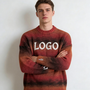Men's Trendy Gradient Red Brown <b>Orange</b> <b>Fleece</b> Fabric LOGO Embroidery Neck Regular Fit Pullover Cuff Detail Winter 100% Cotton - Product Image 2