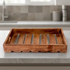 Bandeja de Madera para Servir con Asas Laterales, Bandeja Rústica de Madera para Servir Té, Café, Desayuno, Comida y Bebidas en la Cocina - Product Image 1