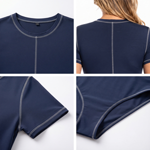 Wholesale Plus Size Navy Blue Short Sleeve Bodysuit Contrast Stitching Women One Piece Round Neck Casual Bodysuit for Women - Product Image 5