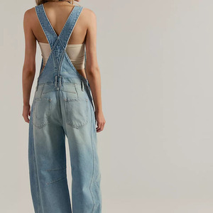Ladies Casual Stonewashed Vintage denim Dungarees Wide Leg Bib Pants Cotton Overall Manufacturer - Product Image 2