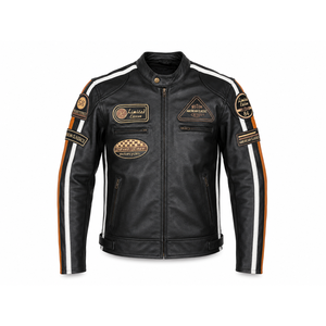 Veste de moto en cuir de vachette vintage personnalisée pour hommes avec patchs de course brodés OEM - Product Image 1