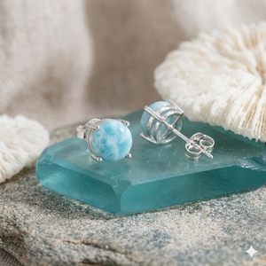 925 <b>Sterling</b> <b>Silver</b> Natural Larimar Round Shape Prong Setting 8mm <b>Stud</b> Earrings Gemstone Jewelry Christian Ceremonies Party Gift - Product Image 5