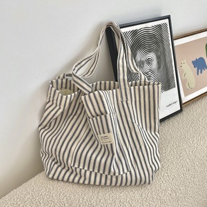 Fashionable Versatile Striped <b>Canvas</b> <b>Bag</b> <b>Large</b> Capacity Lightweight Women's Shopping Shoulder <b>Bag</b> - Product Image 4