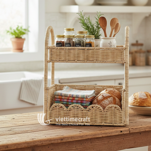 Étagère de rangement en rotin écologique à 2 niveaux avec détails festonnés, style vintage, organisateur multifonction et étagère pour chambre d'enfant - Product Image 3