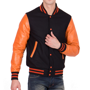 Veste universitaire noire et orange pour homme, manches en cuir orange, veste bomber style Letterman, style baseball décontracté, vêtement d'extérieur chaud pour l'hiver - Product Image 4