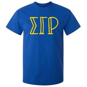 T-shirt décontracté en coton bleu roi avec motif lettres grecques et imprimés jaunes, manches courtes, col rond, vêtement personnalisé unisexe pour l'été - Product Image 1