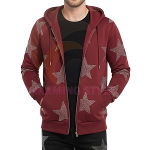 Sudadera con capucha para hombre 100% algodón con cremallera, logo bordado, estampado de diamantes de imitación negros, talla grande - Product Image 4