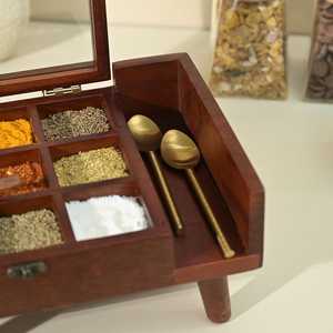 Compartment Wooden Table Top Masala Dabba Containers Jars & Kitchen <b>Spice</b> <b>Box</b> with Wooden Spoon - Product Image 4
