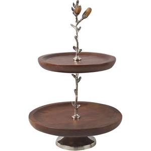 Soporte de pastel de madera de 2 niveles con base de metal plateado con diseño de hoja de roble, bandeja de servir escalonada, soporte decorativo para pastel para fiestas de té y decoración del hogar. - Product Image 1